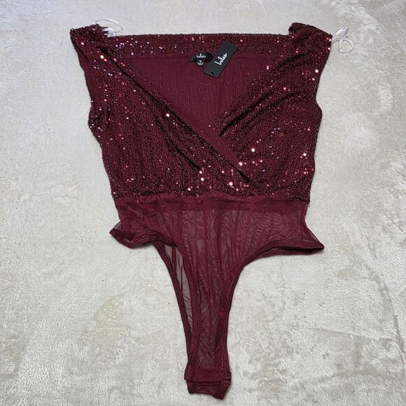 Lulus Bodysuit Evening of Wonder Sz Medium Shiny Burgundy Sparkly Sequin Holiday - Picture 1 of 11